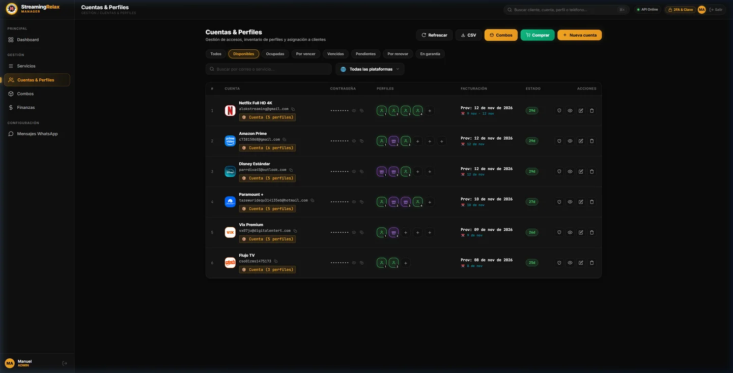 StreamingRelax Manager Dashboard principal